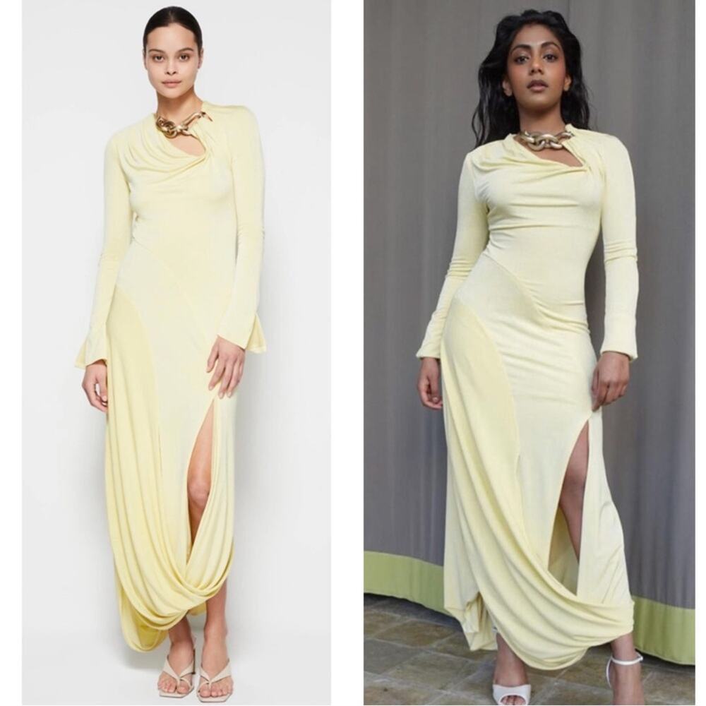 JONATHAN SIMKHAI Ramona Draped Long Sleeve Gold Detail Jersey Maxi Dress Sz L